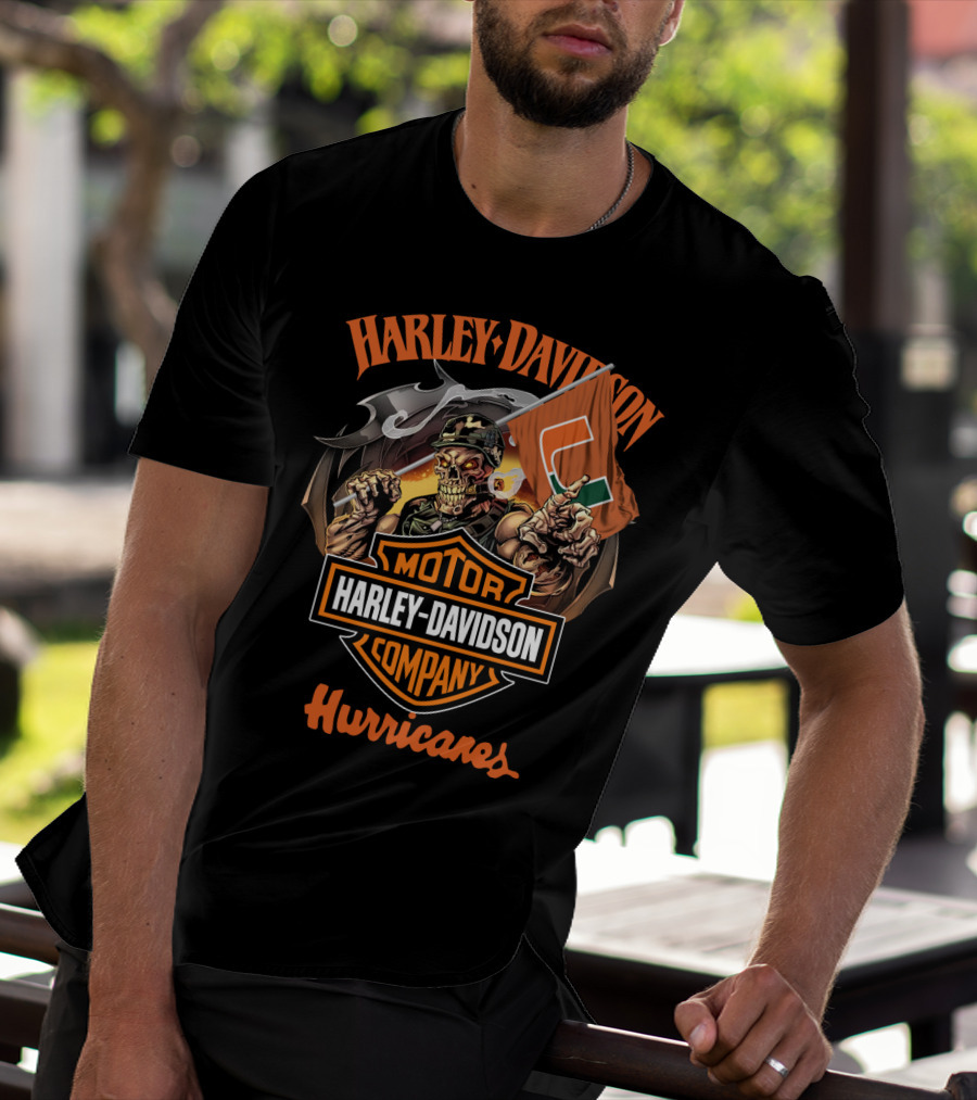 Harley Davidson Motor Company Hurricanes Miami Skeleton Flag T-Shirt
