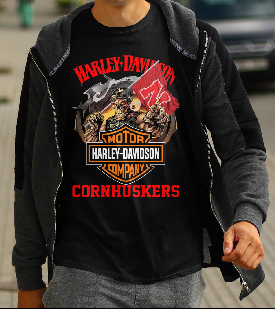 Harley Davidson Company Cornhuskers Skeleton With Nebraska Flag T-Shirt