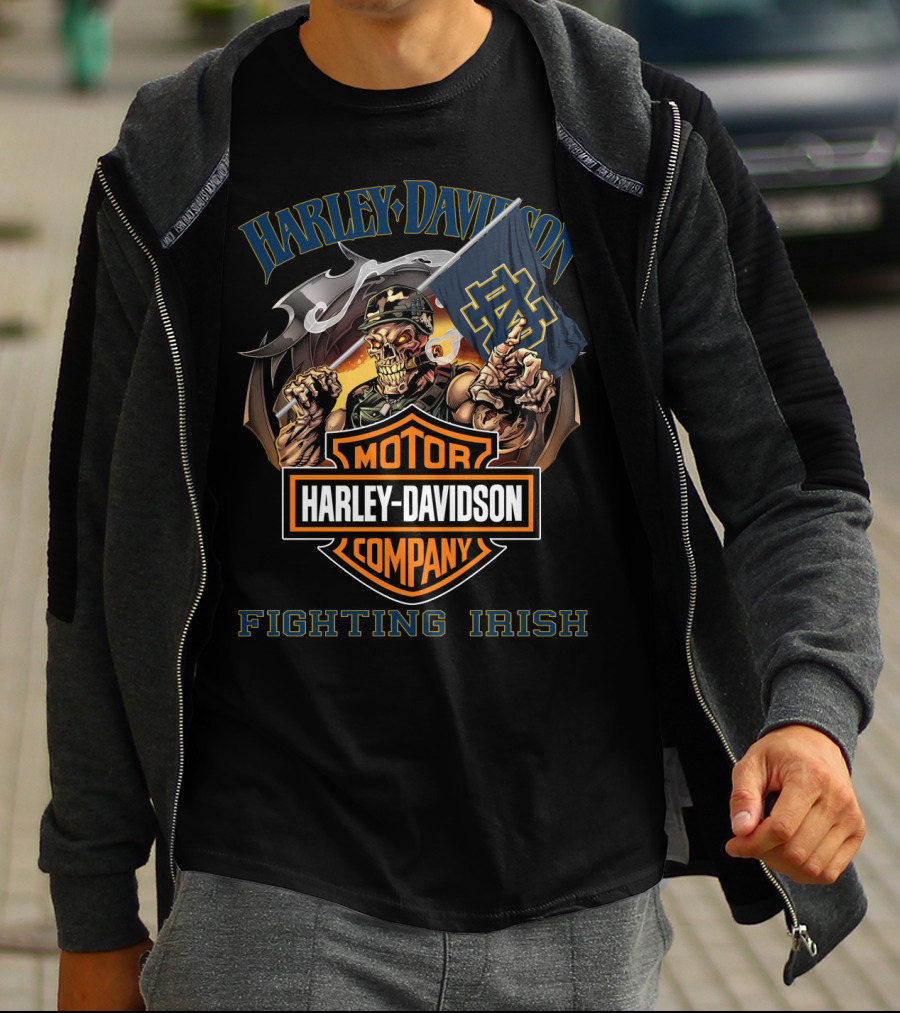 Harley Davidson Motor Company Fighting Irish Skeleton Notre Dame Flag T-Shirt