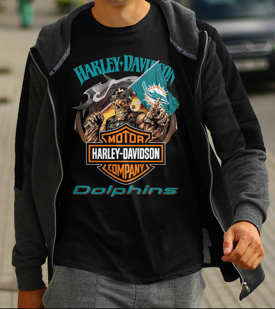 Harley Davidson Miami Dolphins Skeleton Holding Flag T-Shirt