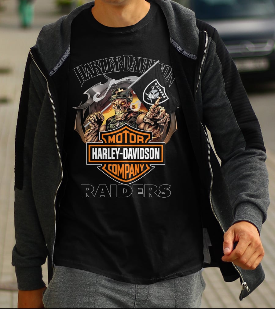 Harley Davidson Raiders Skeleton Holding Flag T-Shirt