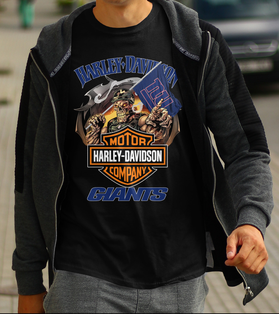 Harley Davidson Motor Company Giants Flag Skeleton Rider T-Shirt