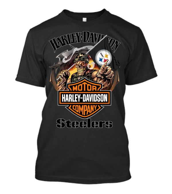 Harley Davidson Company Steelers Skull Holding Pittsburgh Flag T-Shirt