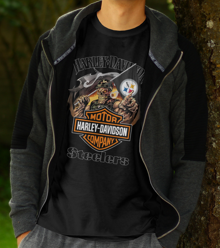 Harley Davidson Company Steelers Skull Holding Pittsburgh Flag T-Shirt