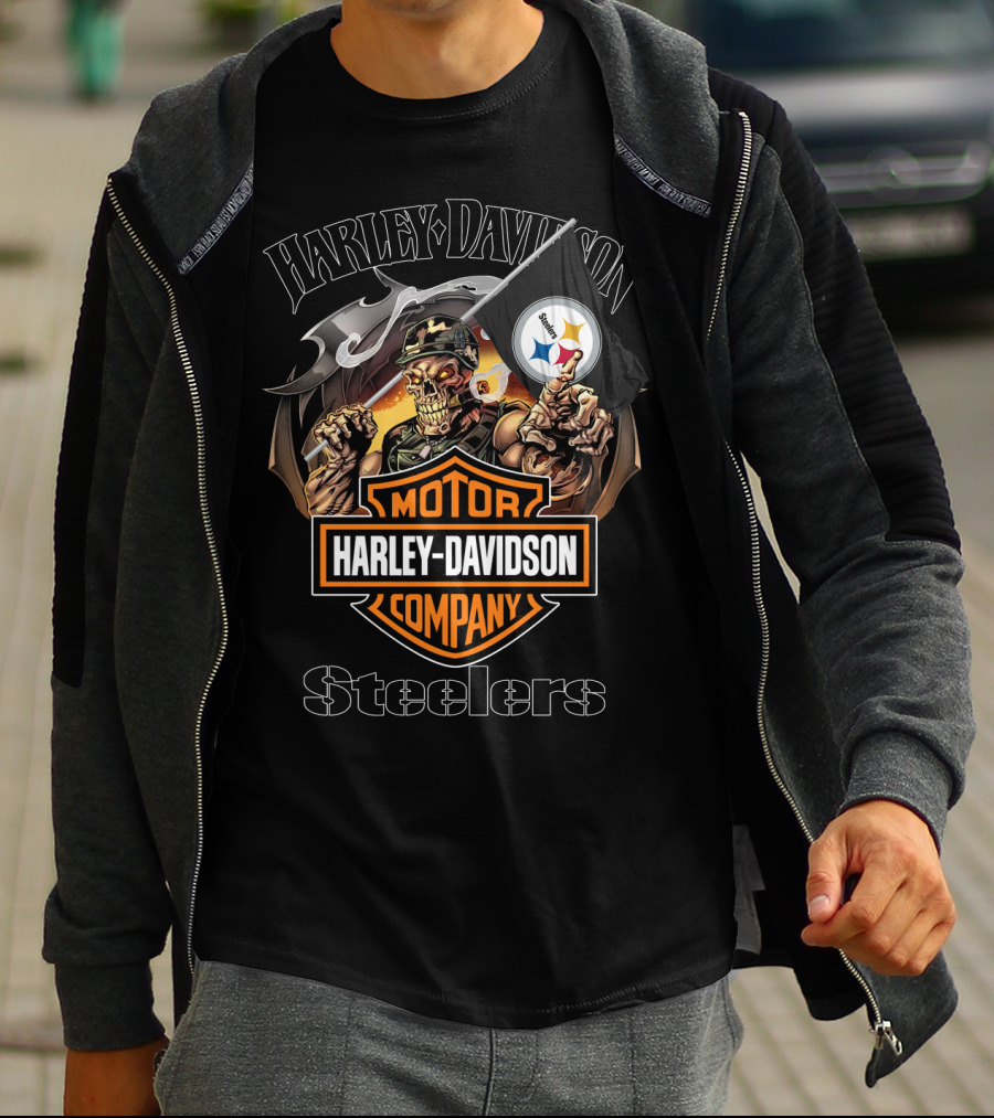 Harley Davidson Company Steelers Skull Holding Pittsburgh Flag T-Shirt