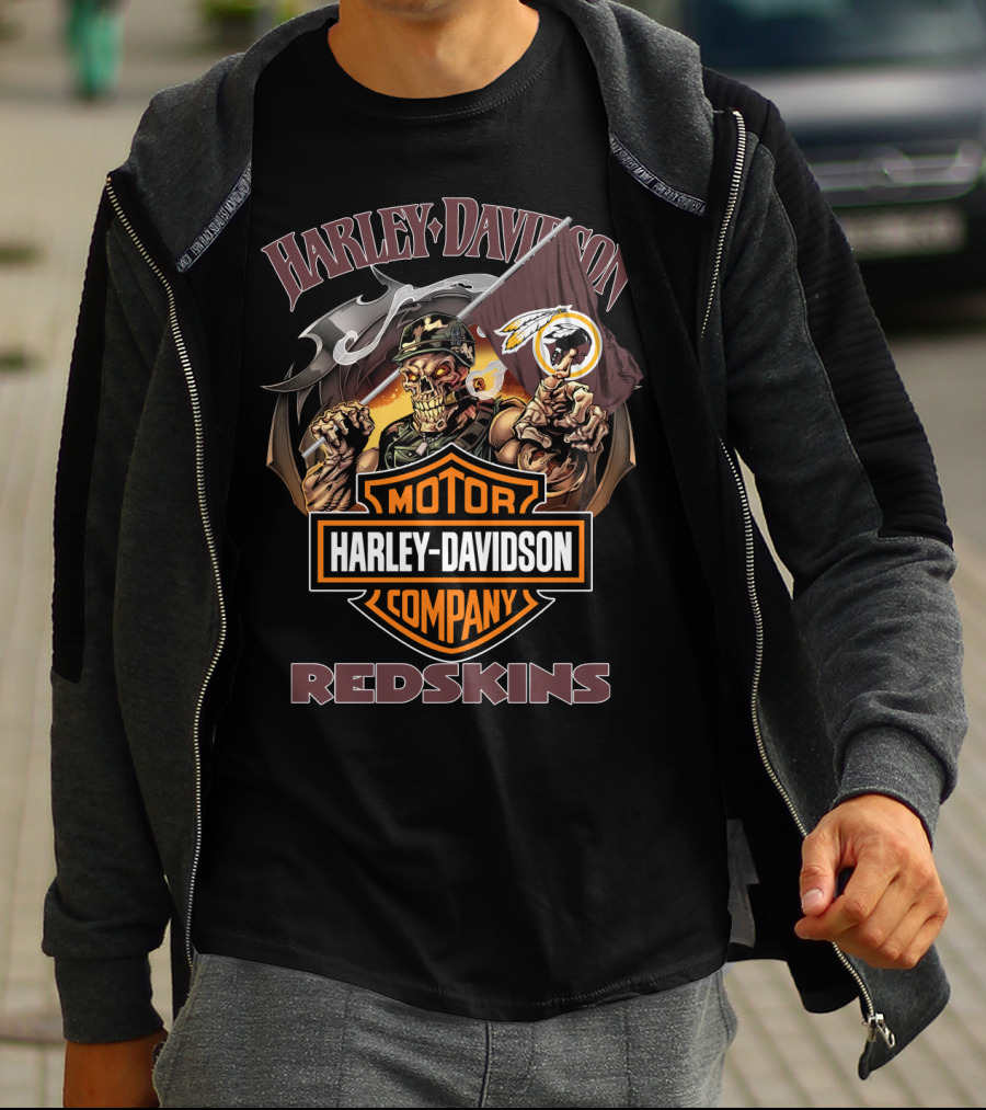 Harley Davidson Redskins Skeleton Holding Flag T-Shirt