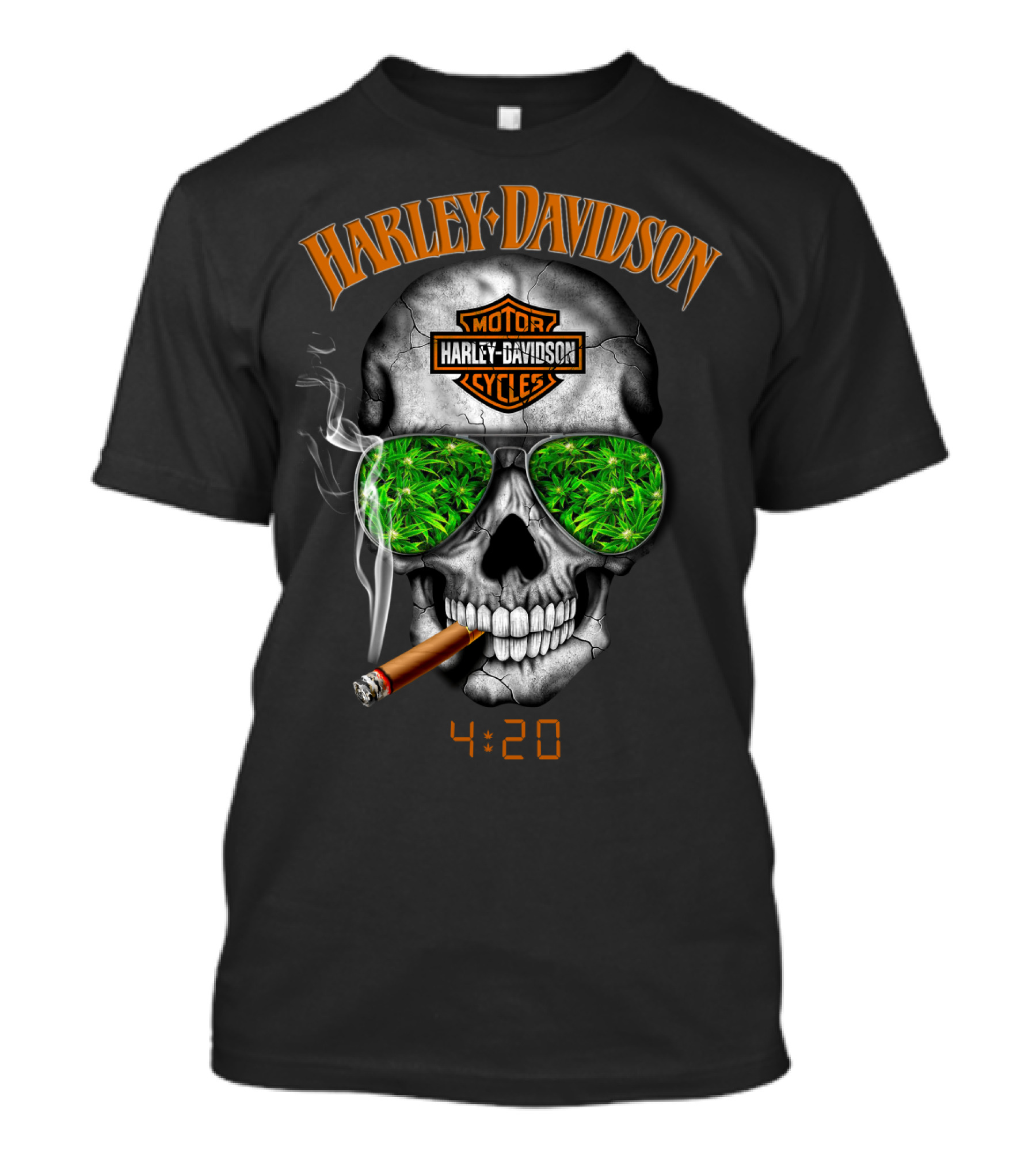 Harley Davidson Skull 4:20 With Cigar And Green Leaf Sunglasses T-Shirt