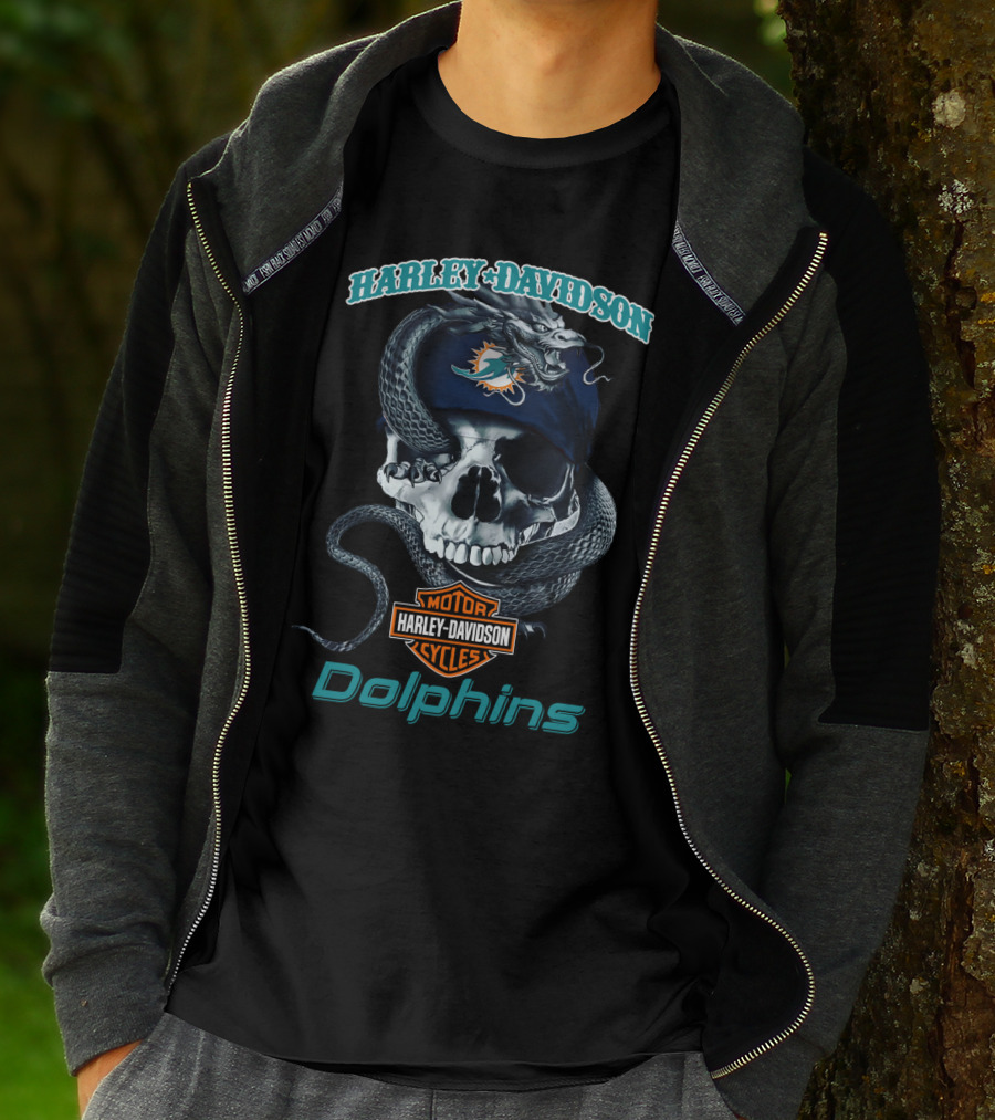 Harley Davidson Motor Cycles Miami Dolphins Skull T-Shirt
