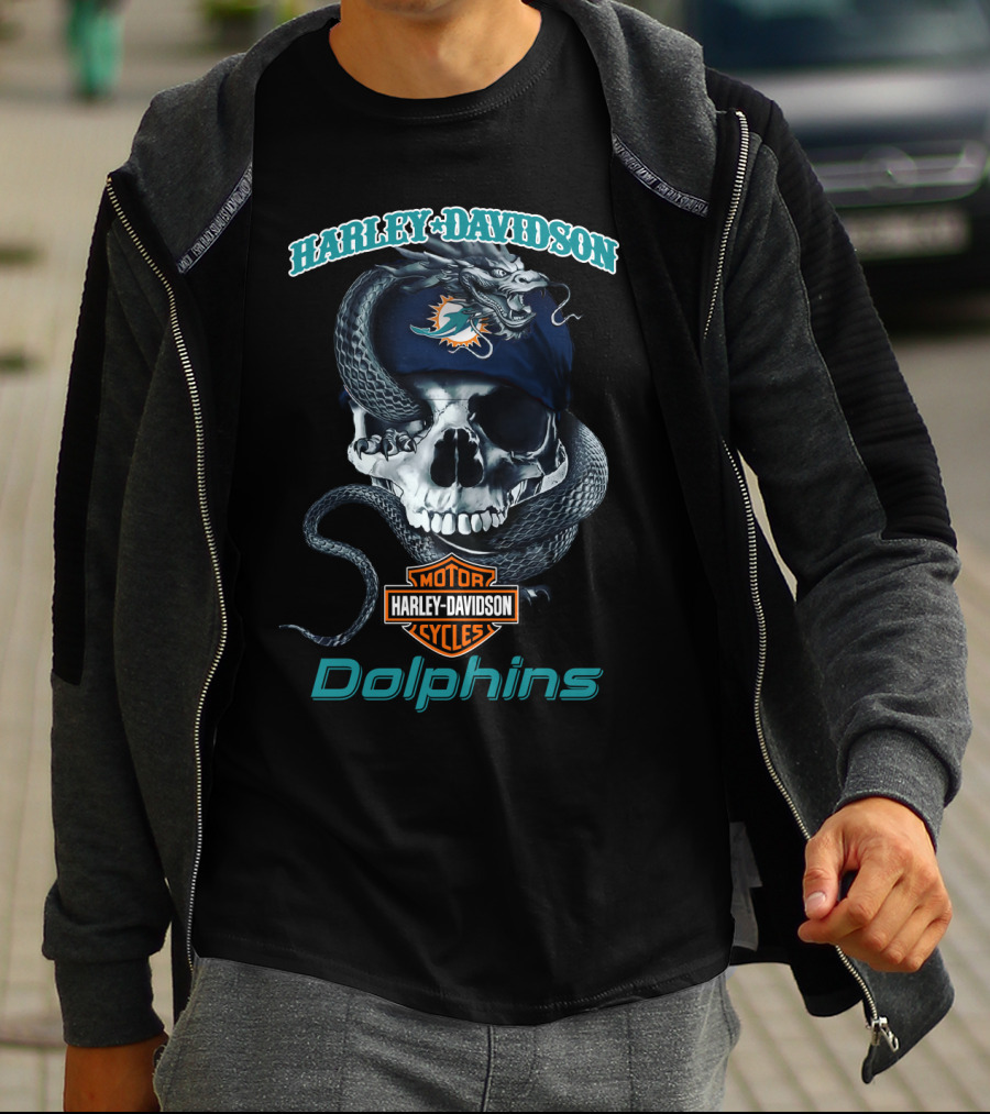 Harley Davidson Motor Cycles Miami Dolphins Skull T-Shirt