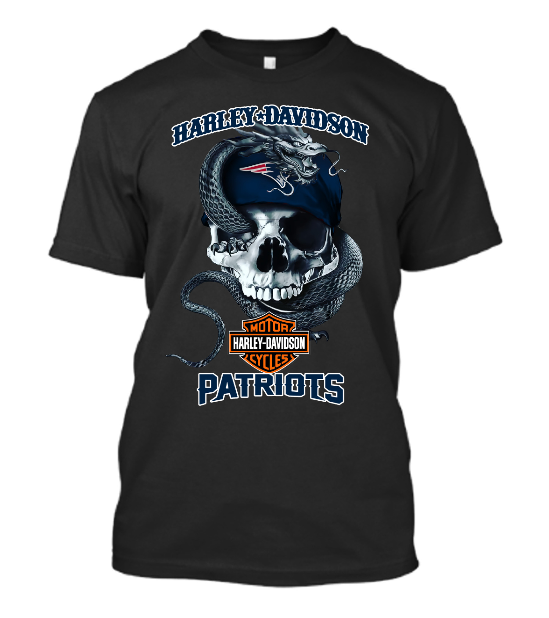Harley Davidson Motor Cycles New England Patriots Skull And Dragon T-Shirt