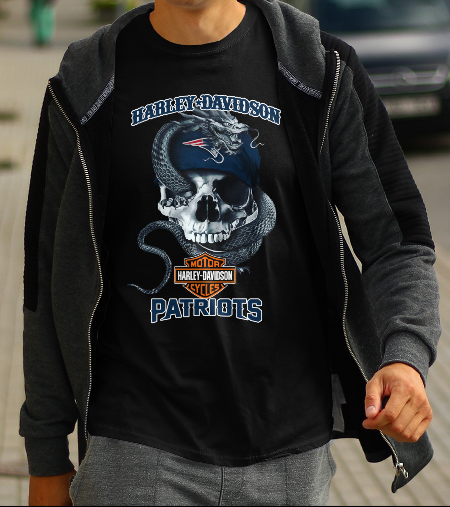 Harley Davidson Motor Cycles New England Patriots Skull And Dragon T-Shirt