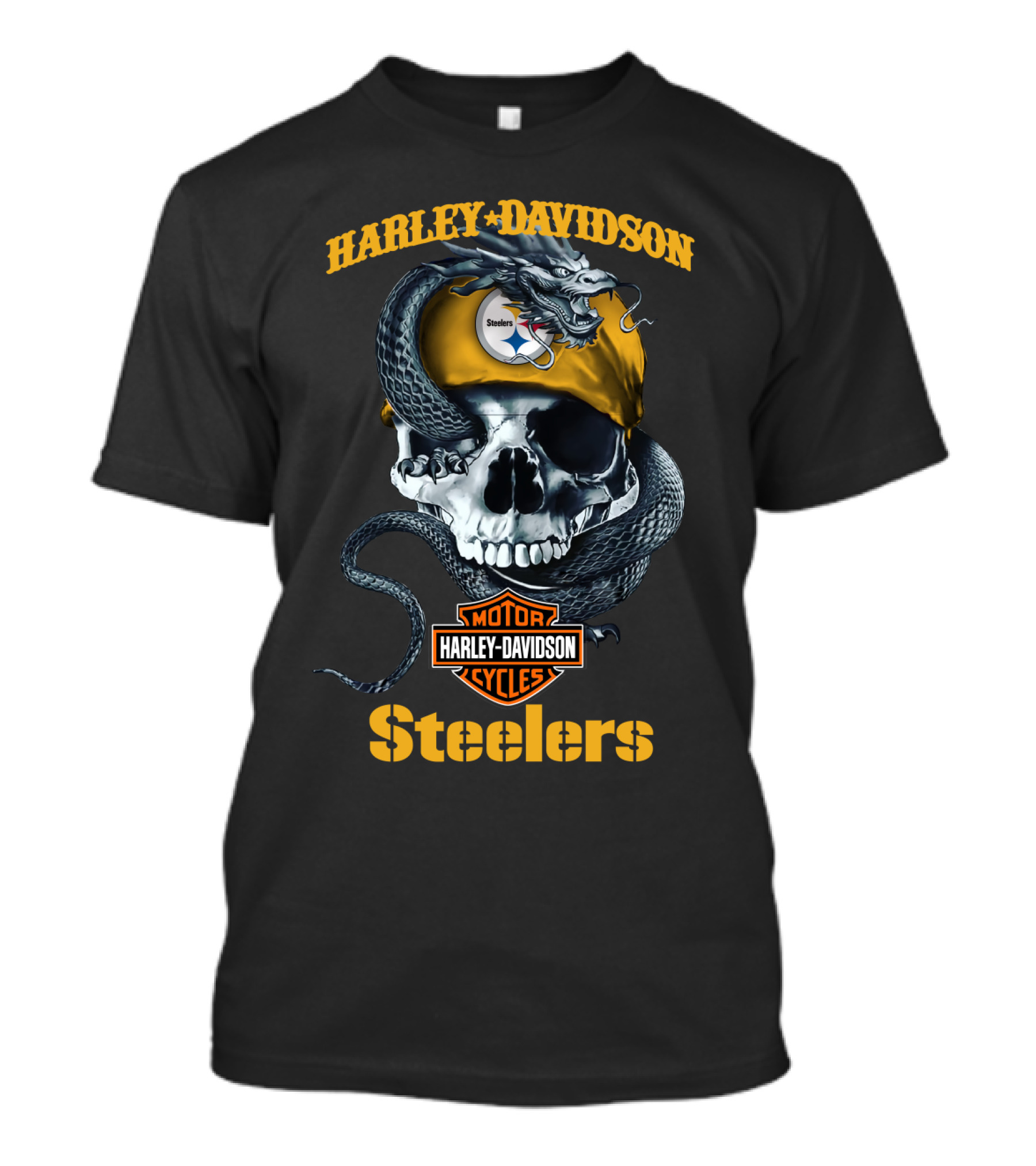 Harley Davidson Steelers Skull With Snake And Helmet T-Shirt