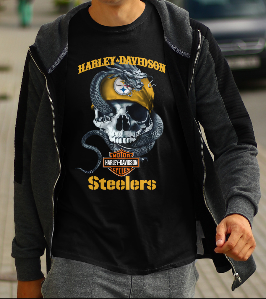 Harley Davidson Steelers Skull With Snake And Helmet T-Shirt