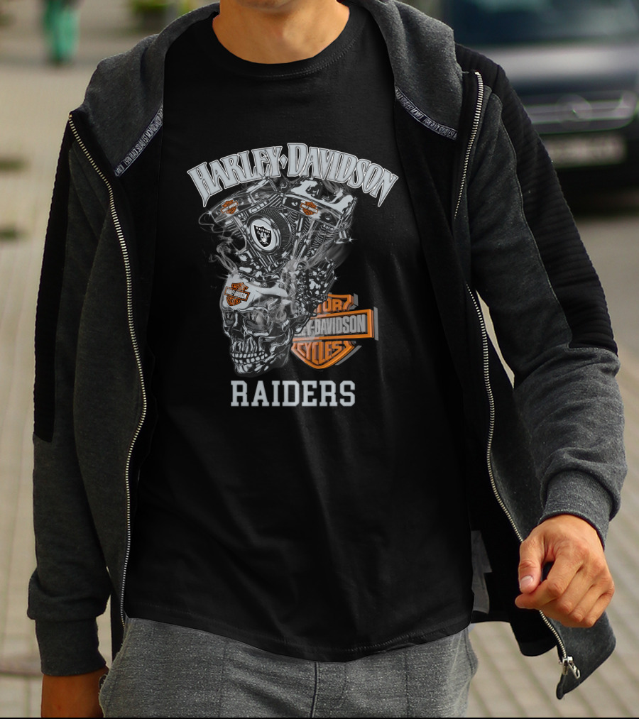 Harley Davidson Raiders Skull Engine Art With Oakland Theme T-Shirt