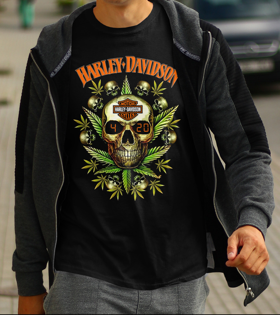 Harley Davidson Skull 420 Motor Cycles Leaf Skulls T-Shirt