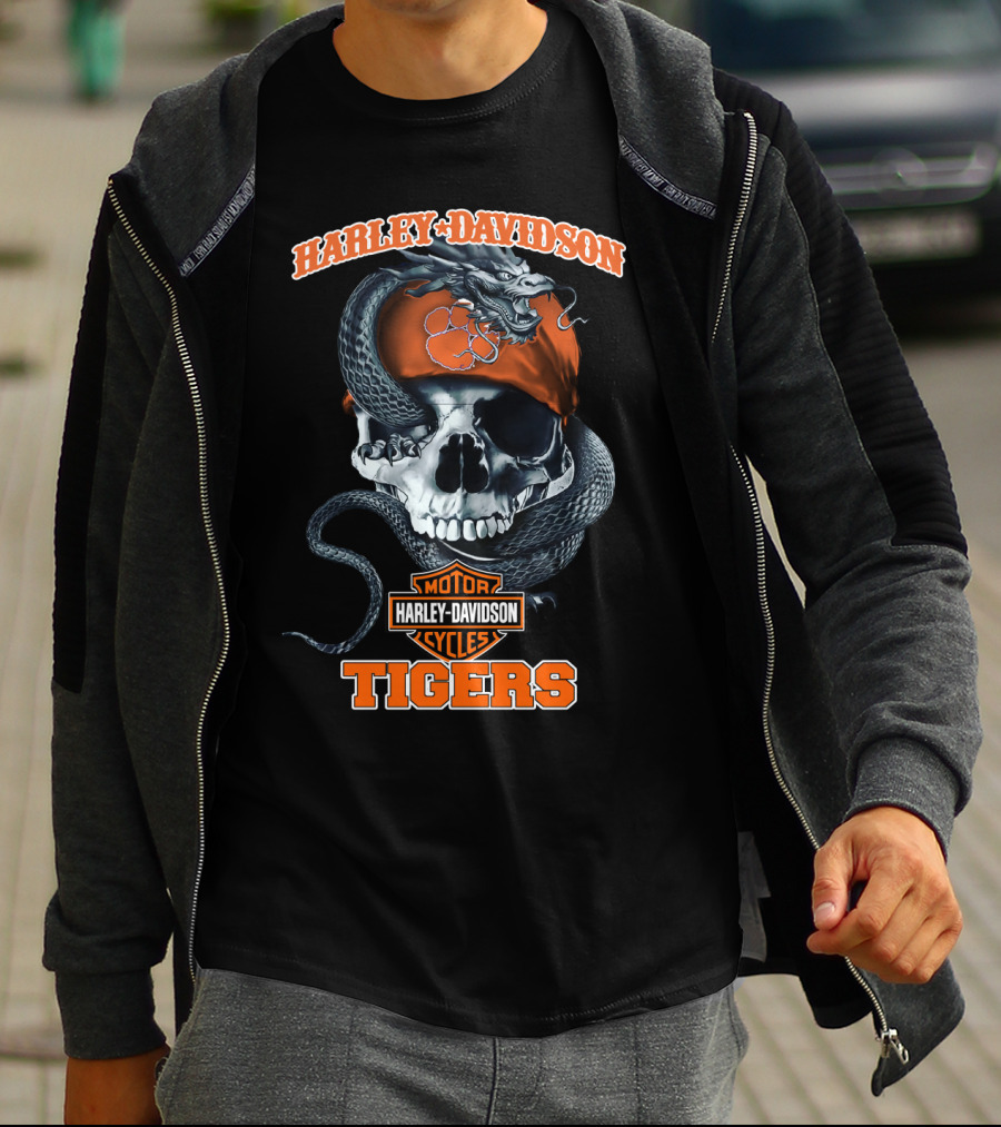 Harley Davidson Motor Cycles Tigers Snake Skull T-Shirt