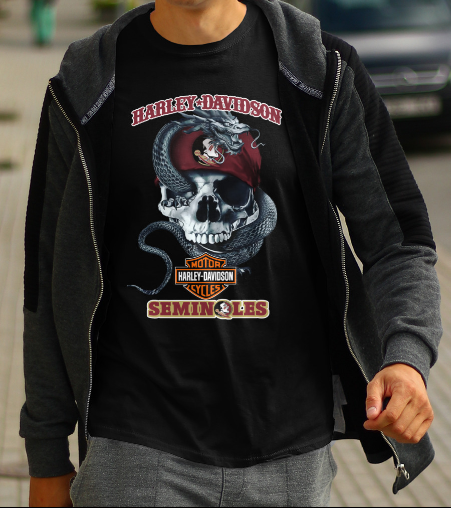 Harley Davidson Motor Cycles Florida State Seminoles Skulls And Snakes T-Shirt