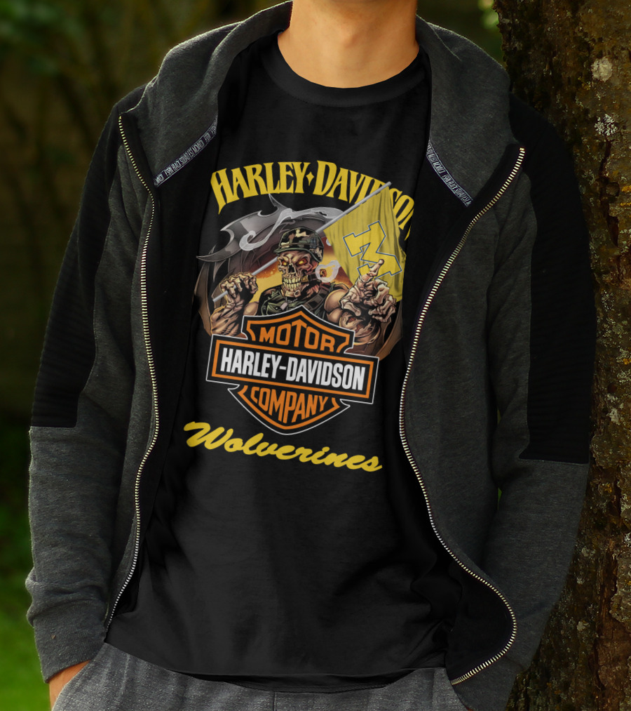 Harley Davidson Motor Company Michigan Wolverines 69 Flag Skeleton T-Shirt