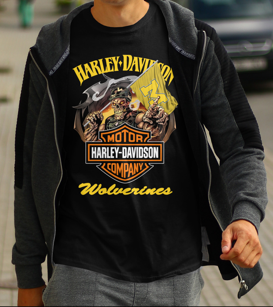 Harley Davidson Motor Company Michigan Wolverines 69 Flag Skeleton T-Shirt