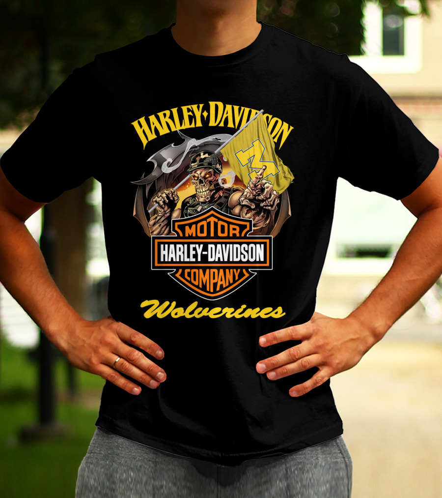 Harley Davidson Motor Company Michigan Wolverines 69 Flag Skeleton T-Shirt