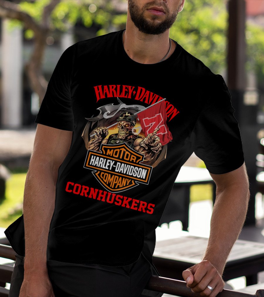 Harley Davidson Motor Company Cornhuskers Nebraska Skeleton Flag T-Shirt