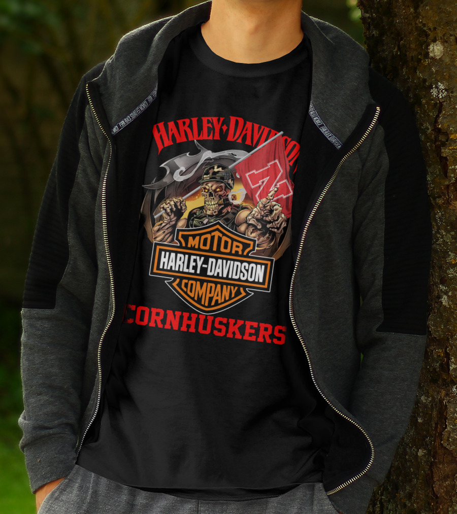 Harley Davidson Motor Company Cornhuskers Nebraska Skeleton Flag T-Shirt