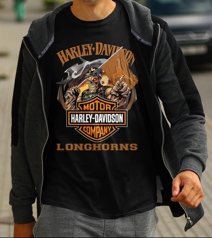 Harley Davidson Longhorns Skeleton With Flag Motor Company T-Shirt