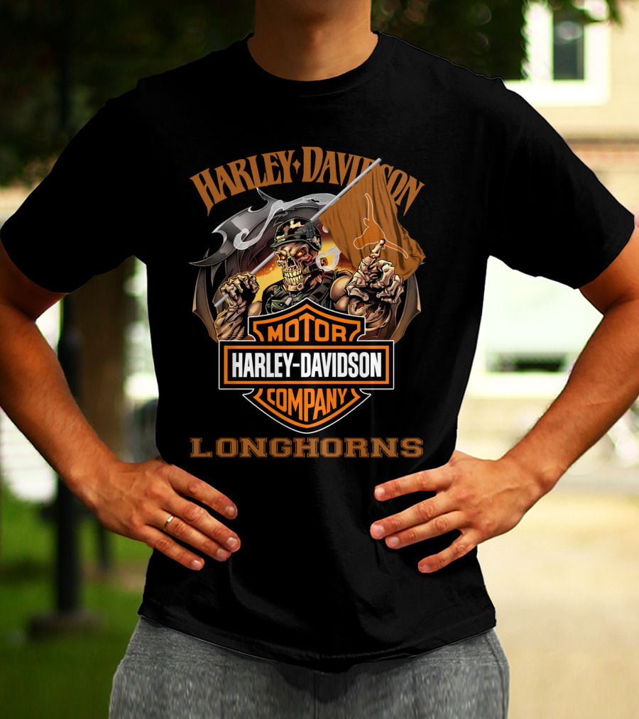 Harley Davidson Longhorns Skeleton With Flag Motor Company T-Shirt