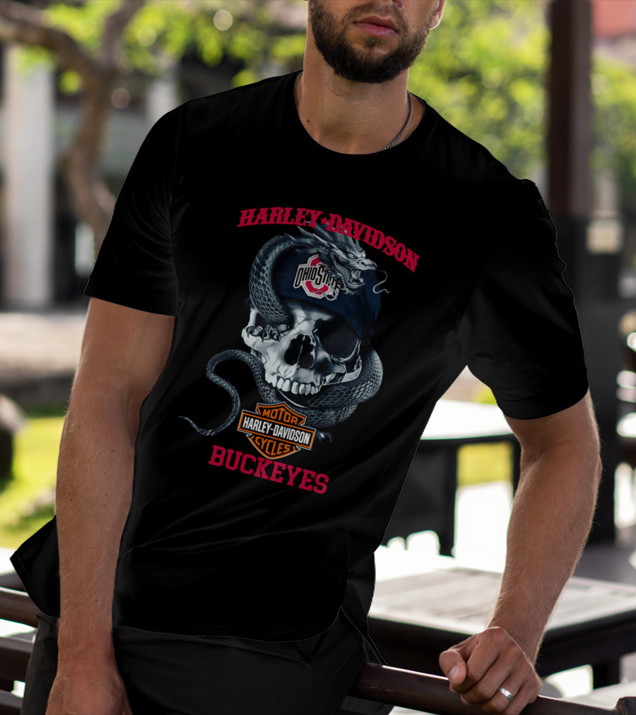 Ohio State Buckeyes Harley Davidson Skull Snake Motorcycle Cycles T-Shirt