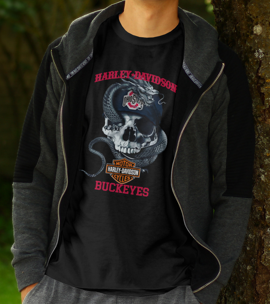 Ohio State Buckeyes Harley Davidson Skull Snake Motorcycle Cycles T-Shirt