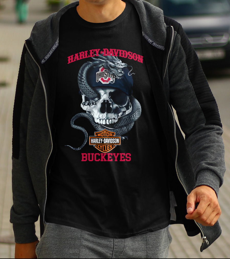 Ohio State Buckeyes Harley Davidson Skull Snake Motorcycle Cycles T-Shirt
