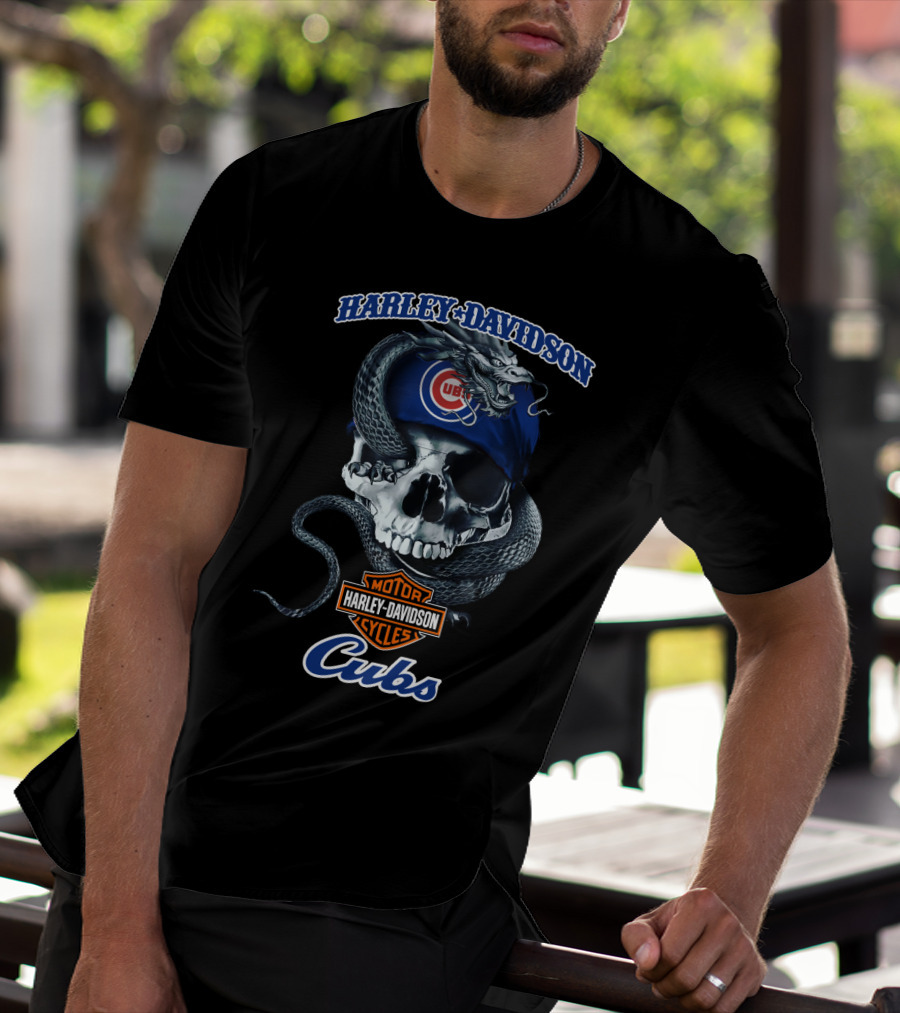 Harley Davidson Motor Cycles Chicago Cubs Skull And Snake T-Shirt