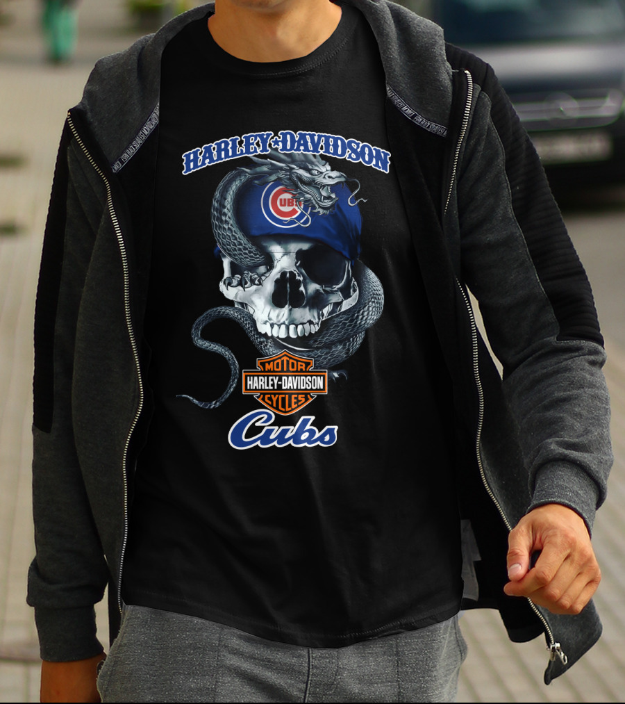 Harley Davidson Motor Cycles Chicago Cubs Skull And Snake T-Shirt