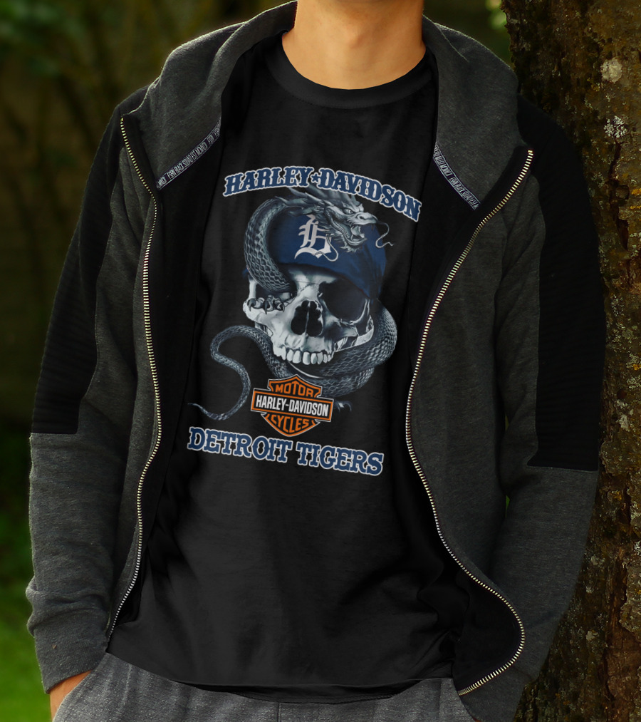 Harley Davidson Detroit Tigers Skull Snake Motocycles T-Shirt
