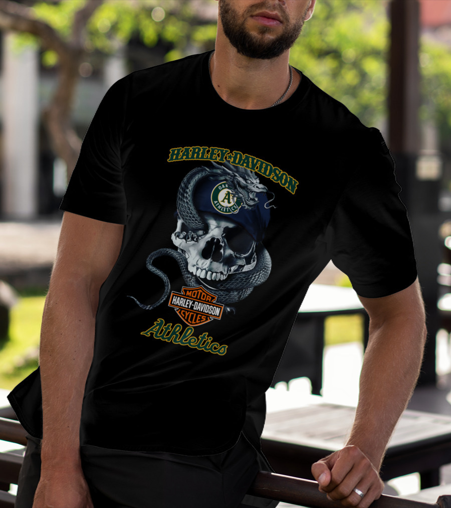 Harley Davidson Oakland Athletics Skull And Snake Graphic With Logos T-Shirt
