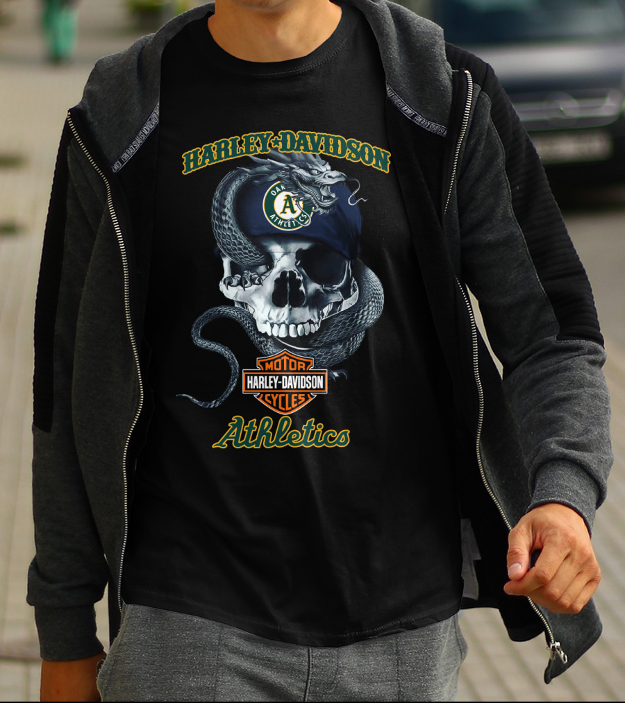 Harley Davidson Oakland Athletics Skull And Snake Graphic With Logos T-Shirt