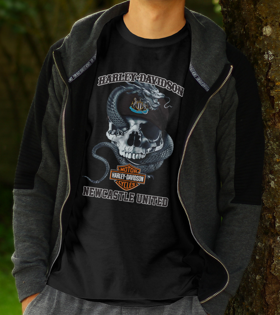 Harley Davidson Skull With Newcastle United And Snake T-Shirt