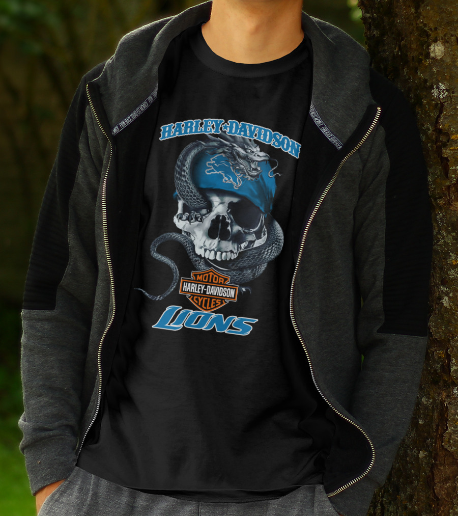 Harley Davidson Motor Cycles Detroit Lions Snake Skull T-Shirt