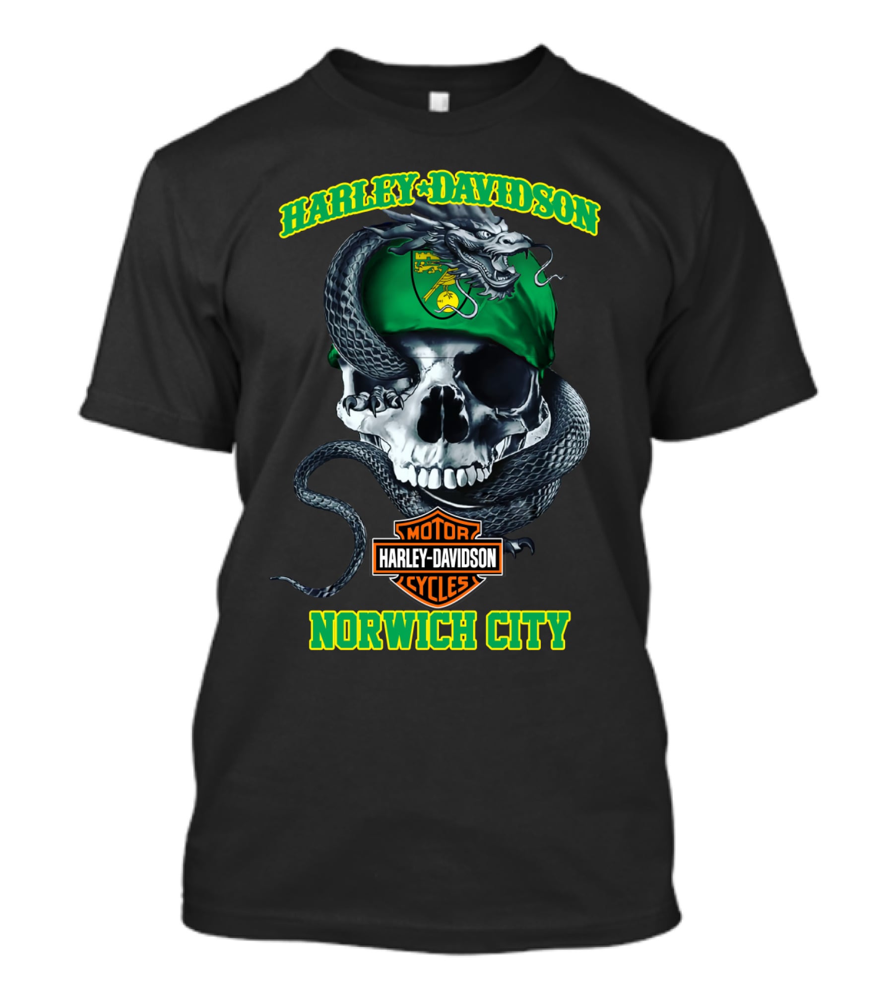 Harley Davidson Motor Cycles Skull Snake Norwich City T-Shirt