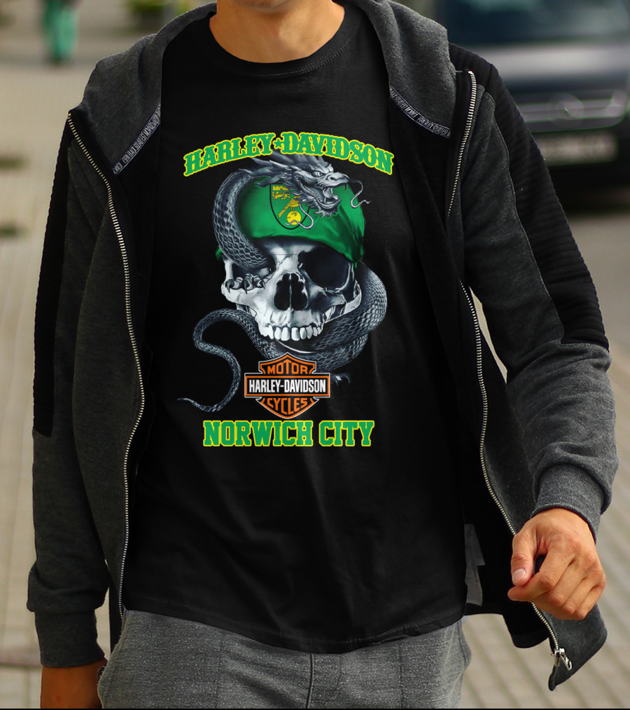 Harley Davidson Motor Cycles Skull Snake Norwich City T-Shirt