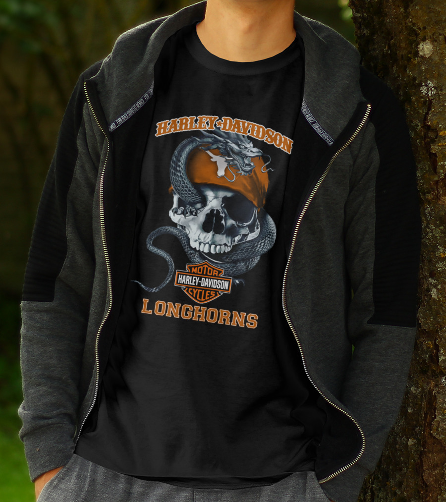 Harley Davidson Texas Longhorns Skull And Snake Motorcycle Cycles T-Shirt