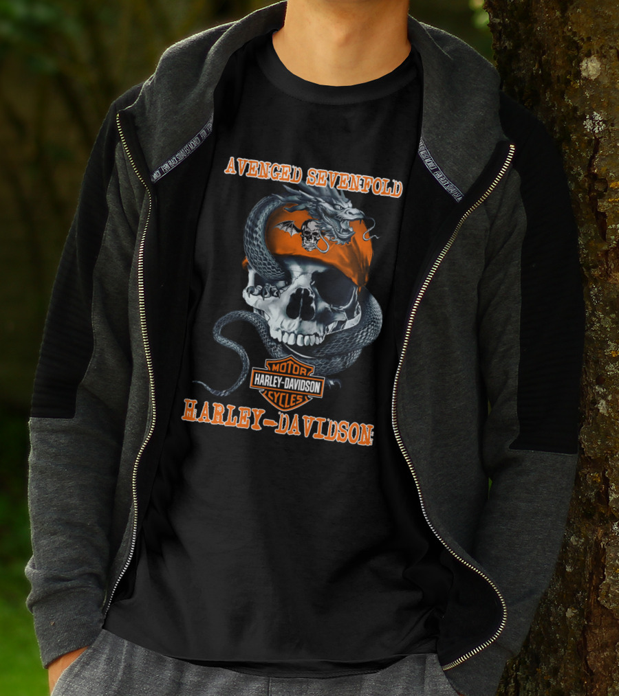 Avenged Sevenfold Harley Davidson Motorcycles Skull With Snake And Orange Bandana T-Shirt