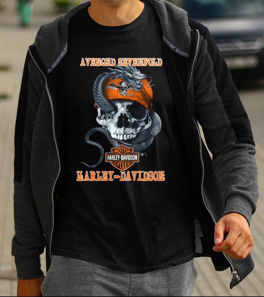 Avenged Sevenfold Harley Davidson Skull With Dragon And Bandana T-Shirt