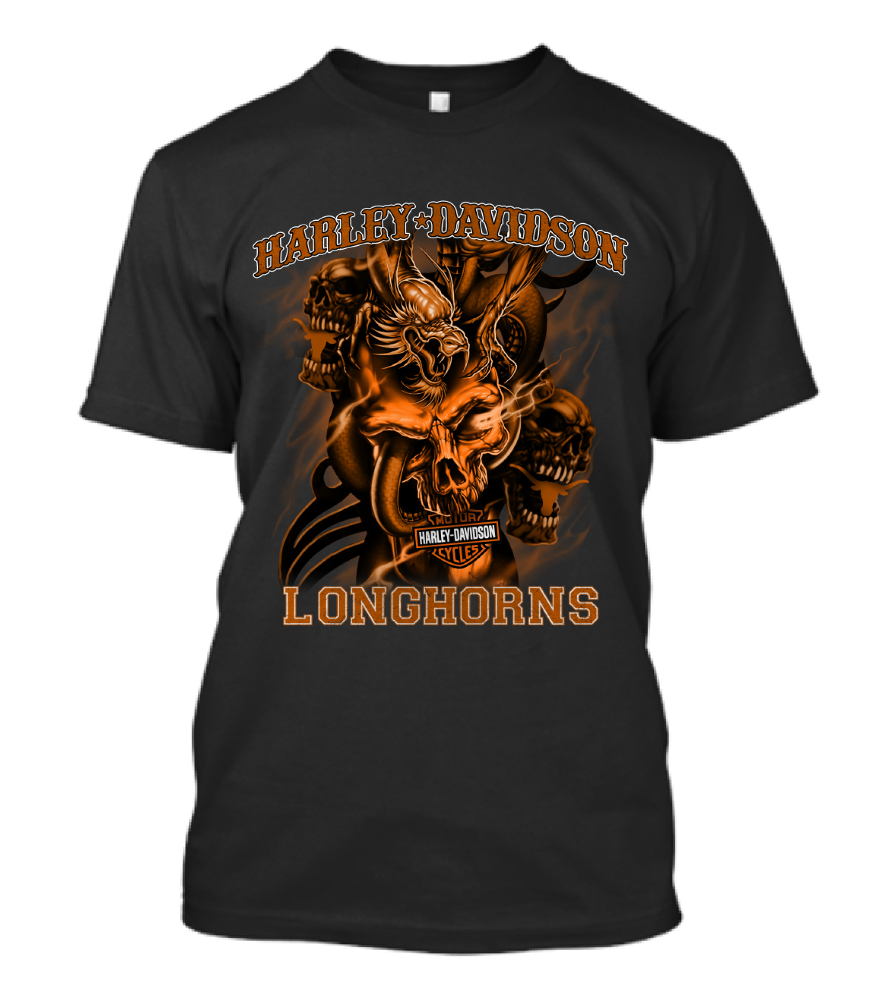 Harley Davidson Longhorns Texas Skulls And Flames T-Shirt