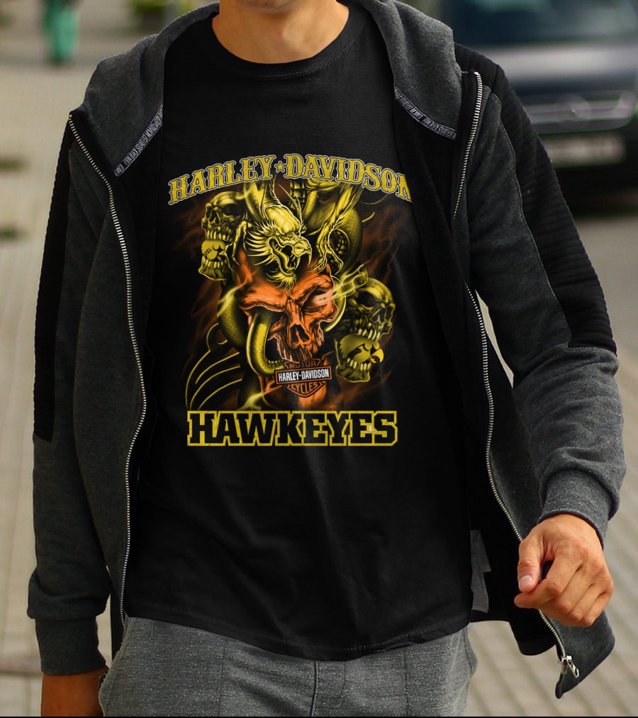 Harley Davidson Hawkeyes Cycles Skulls And Eagle T-Shirt