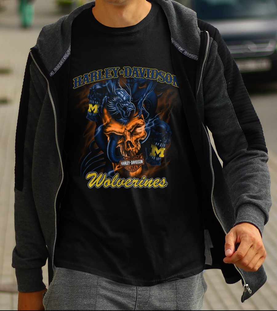Harley Davidson Cycles Wolverines Michigan M Logo Skull T-Shirt