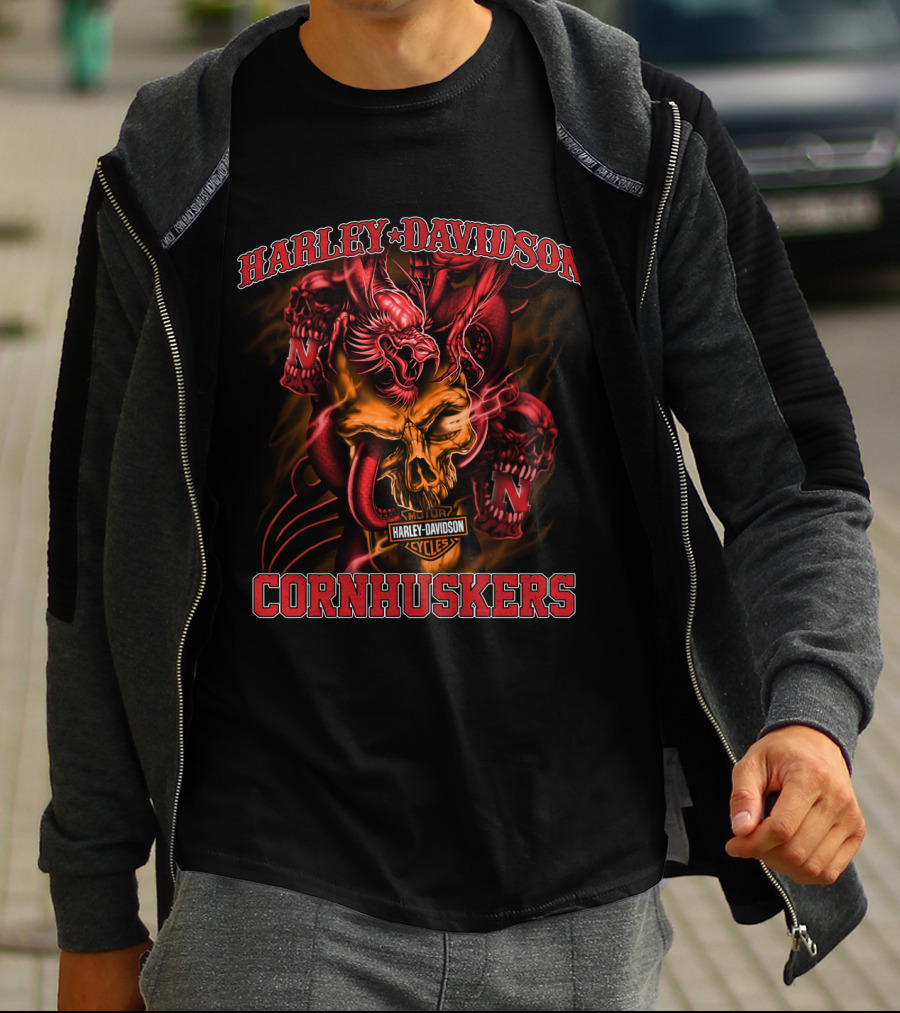 Harley Davidson Cornhuskers Skull And Dragon T-Shirt
