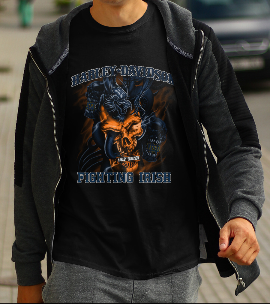 Harley Davidson Fighting Irish Skull Art Notre Dame T-Shirt
