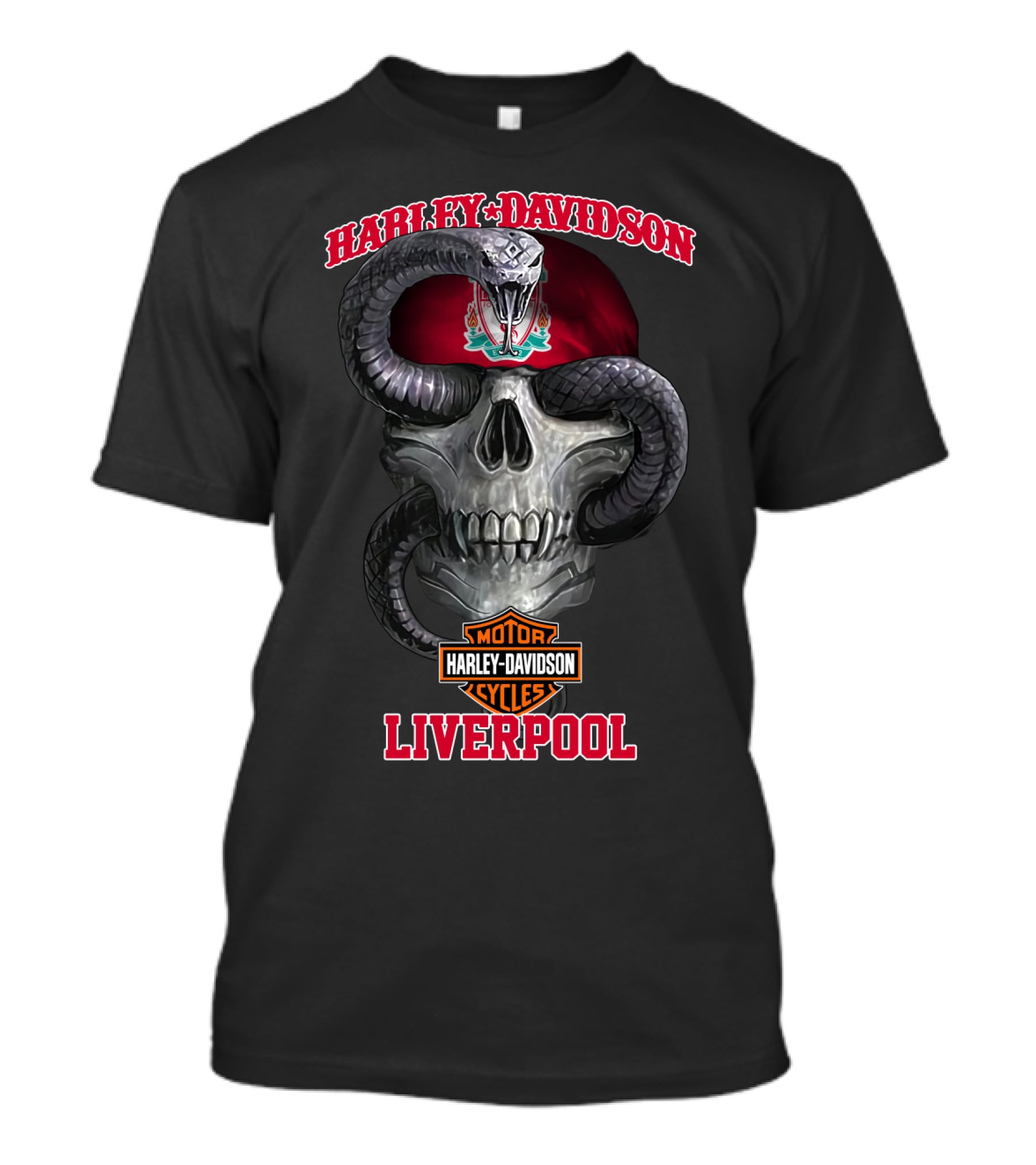 Harley Davidson Motor Cycles Liverpool Skull Serpent Crest Red T-Shirt