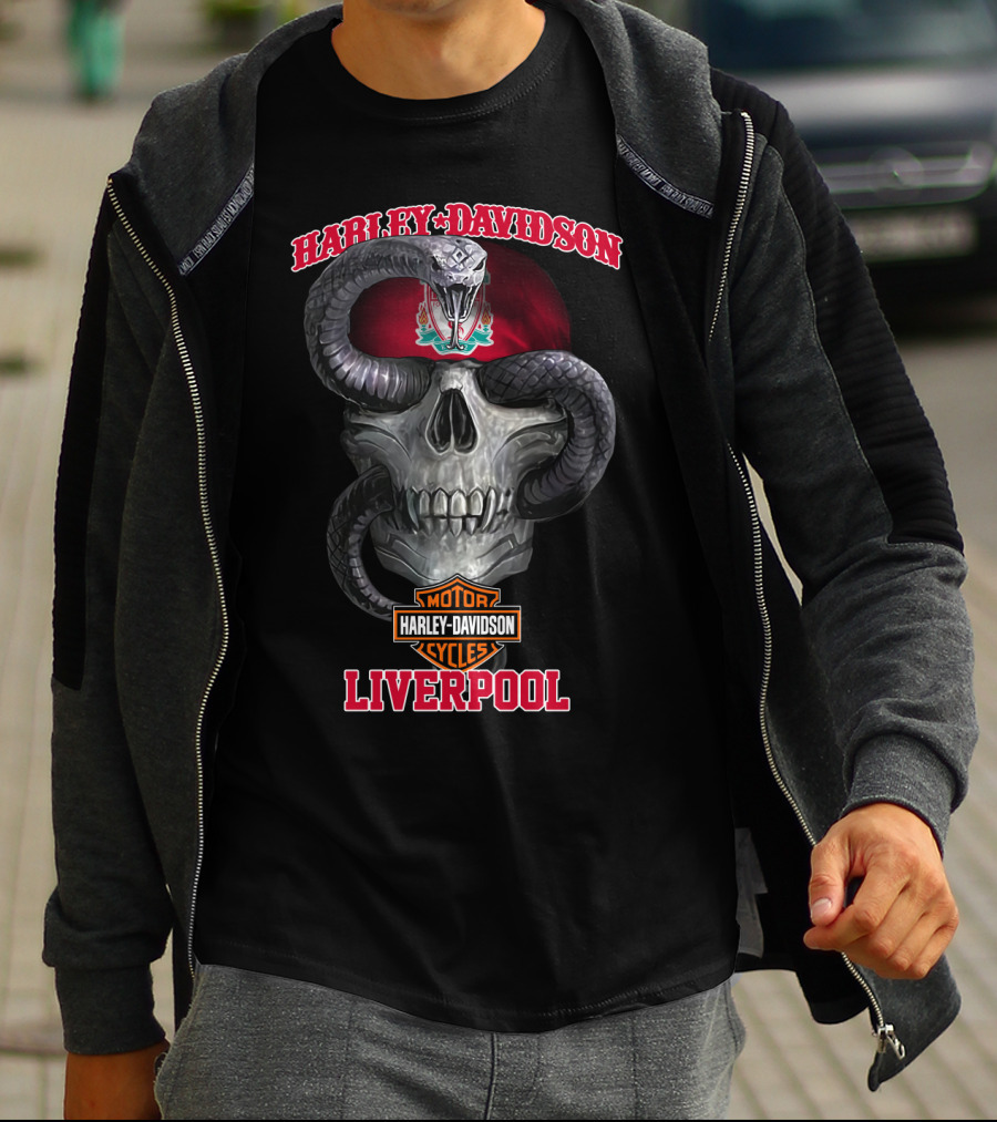 Harley Davidson Motor Cycles Liverpool Skull Serpent Crest Red T-Shirt